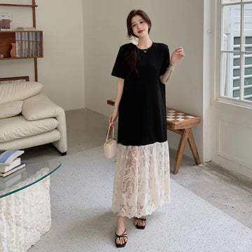 MQTIME  -  Summer New Patchwork Women  Loose Long Dresses Short Sleeve Korean Style Floral Hem Female Vestidos